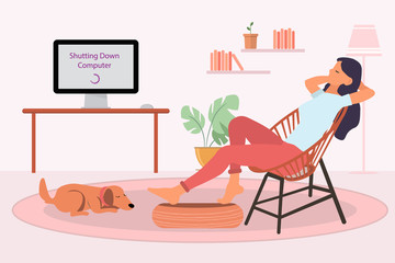 Woman resting in a chair and personal computer shutting down in a living room at home. Digital detoxing concept. Copy space for design or text. Flat style vector illustration