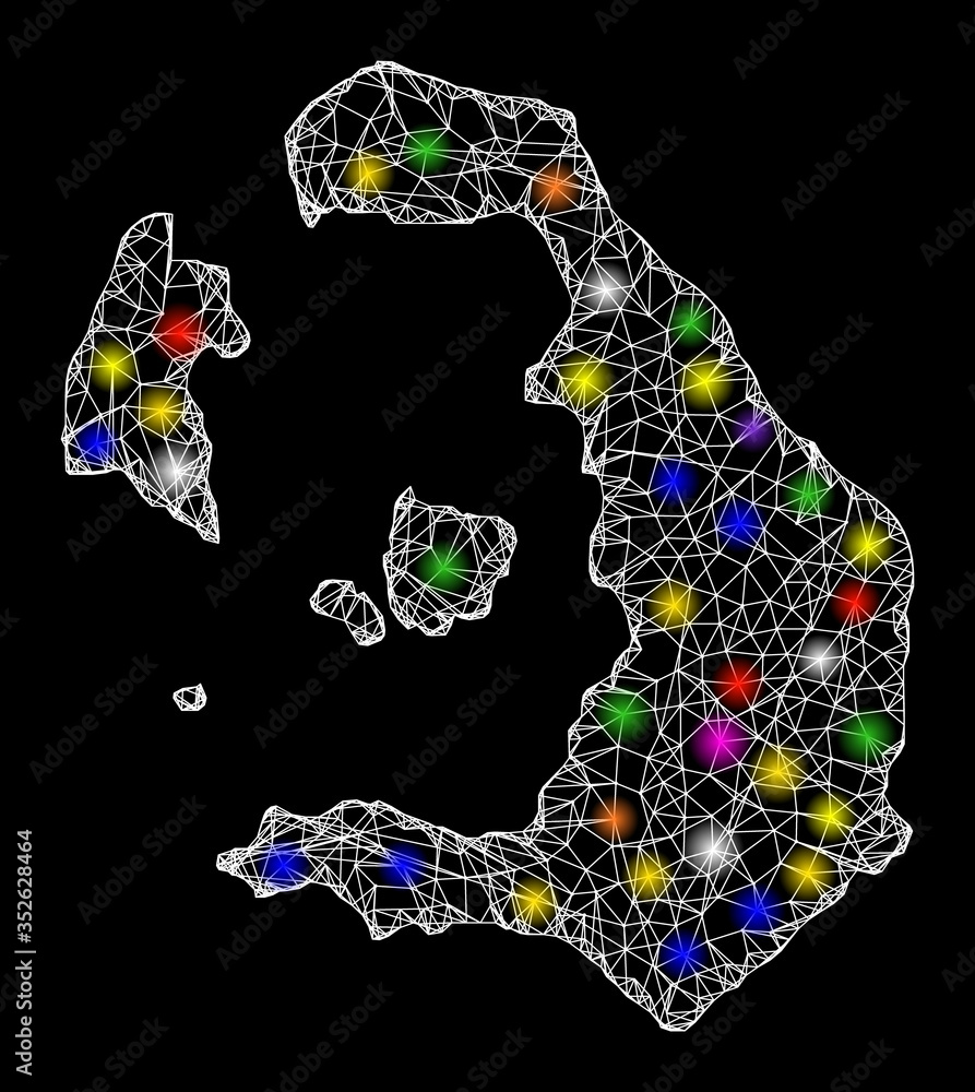 Poster web mesh vector map of santorini island with glare effect on a black background. abstract lines, lig