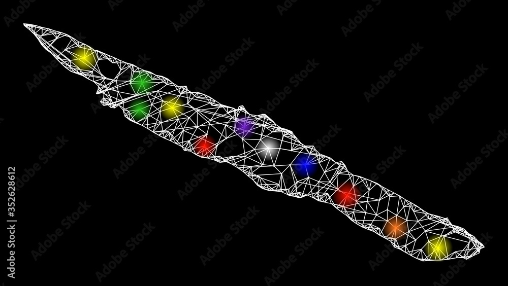 Poster web mesh vector map of sao jorge island with glare effect on a black background. abstract lines, lig