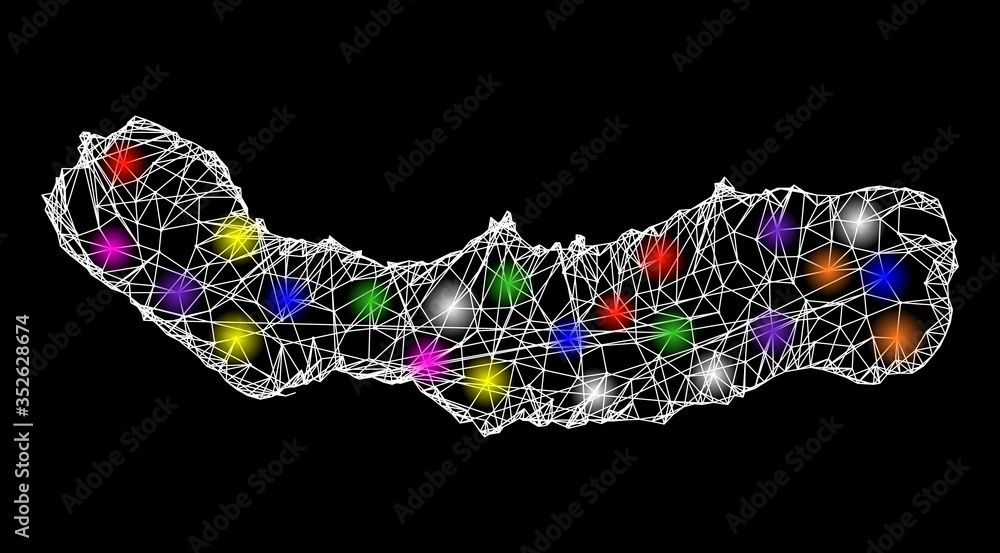 Poster web mesh vector map of sao miguel island with glare effect on a black background. abstract lines, li