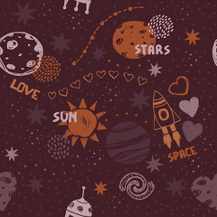 Seamless cute space pattern. It is good for baby clothes, baby bedding, wallpapers, notebook covers, etc.
