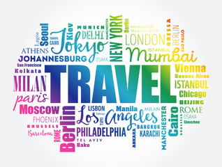Fototapeta premium TRAVEL word cloud concept made with words cities names, business concept background