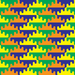 Bright seamless vector pattern. Interlocking geometric shapes in green, yellow, blue and orange interlock in an abstract ornament. Curvy elements look like clouds, trees or dripping paint. Eco design.
