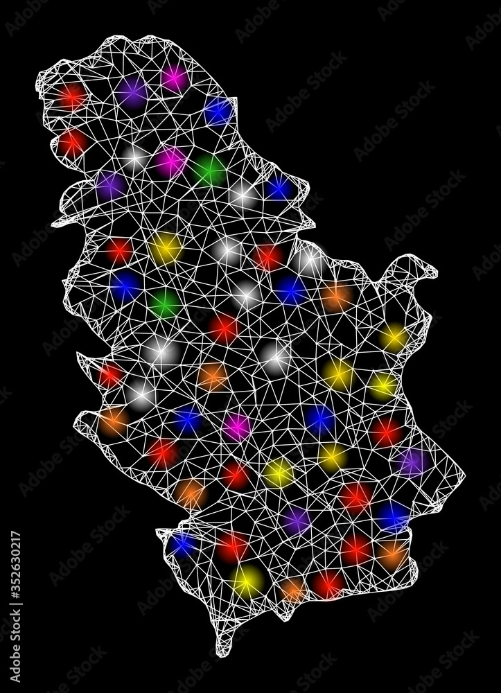 Poster web mesh vector map of serbia with glare effect on a black background. abstract lines, light spots a
