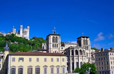 Fototapeten The Basilica of Notre Dame de Fourviere overlooking Lyon, France and the Saone River. © Jbyard