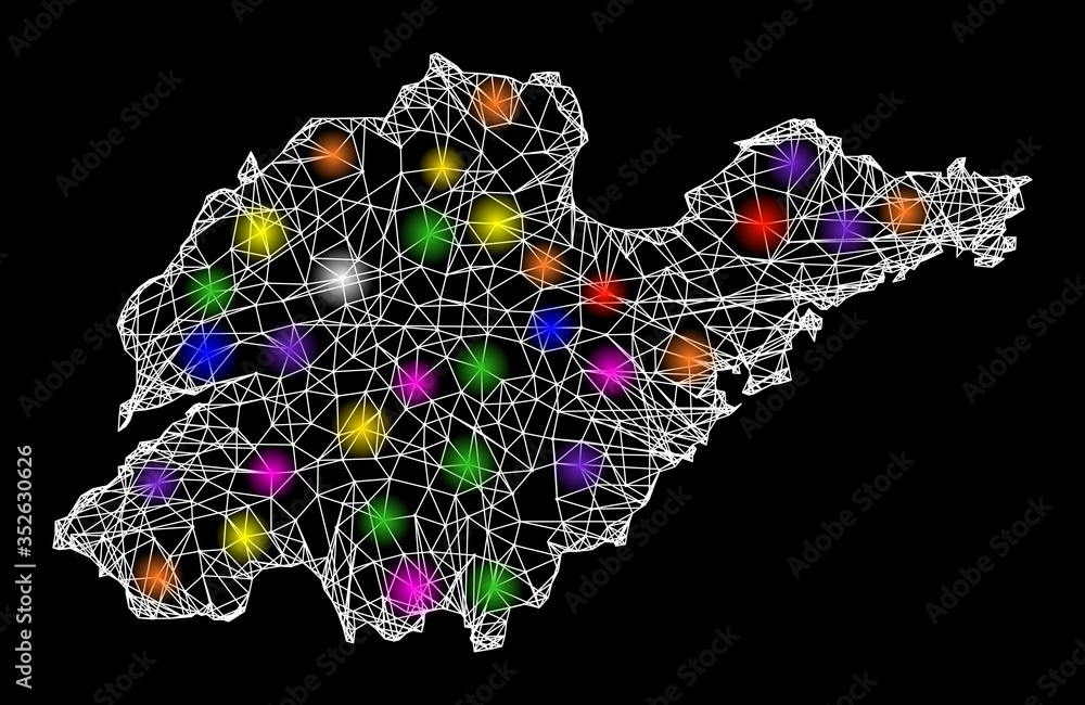 Poster web mesh vector map of shandong province with glare effect on a black background. abstract lines, li