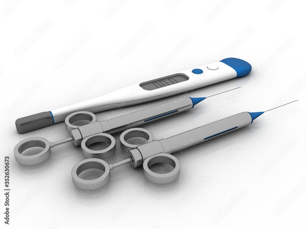Poster 3d rendering electrical thermometer with syringe