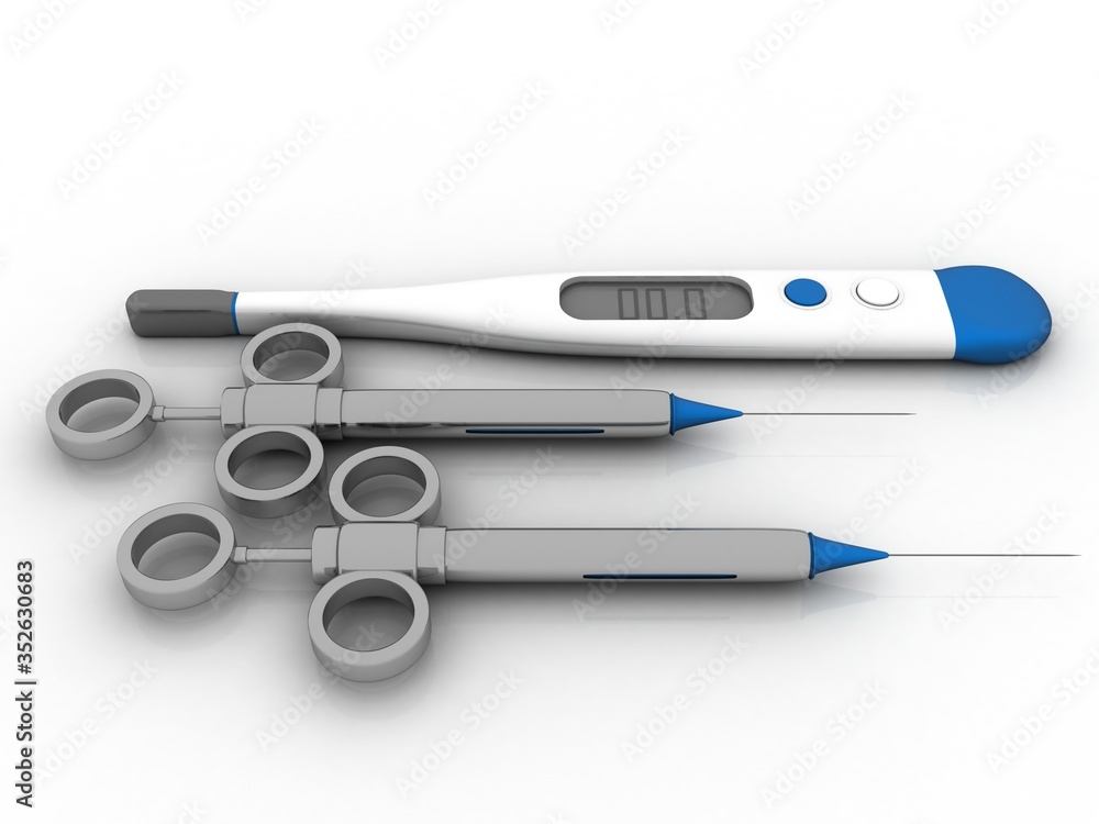 Poster 3d rendering electrical thermometer with syringe