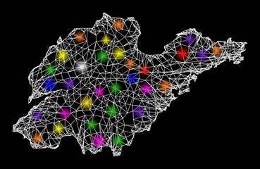 Web mesh vector map of Shandong Province with glare effect on a black background. Abstract lines, light spots and spheric points form map of Shandong Province constellation.