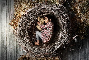 little girl sleeping peacefully and quietly in a nest, concept of protection, care and security for children, retro style colors, sign of love for children