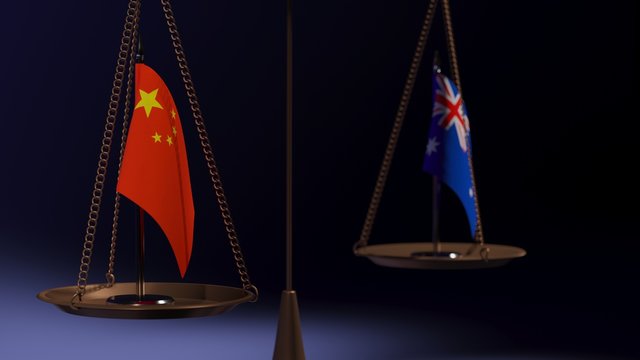 Flags Of China And Australia On The Bowls Of The Balance Scales On A Blue Background. 3d Rendering