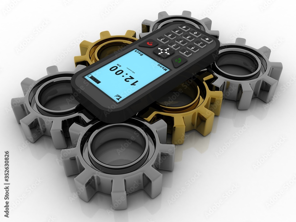 Aufkleber 3d rendering illustration. gears with mobile