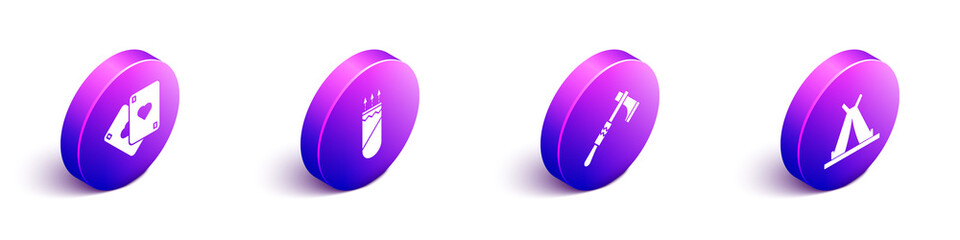 Set Isometric Playing cards, Quiver with arrows, Tomahawk axe and Indian teepee or wigwam icon. Vector. © Vadim