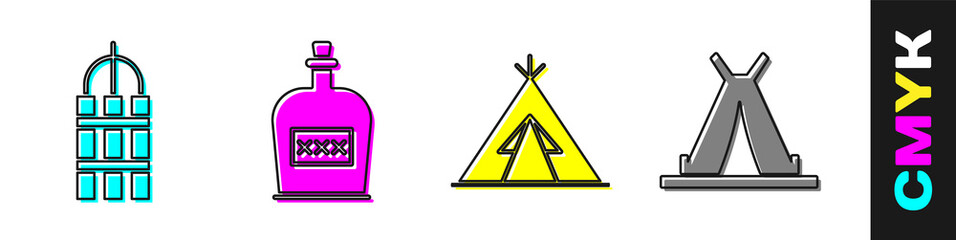 Set Detonate dynamite bomb stick, Alcohol drink Rum bottle, Indian teepee or wigwam and Indian teepee or wigwam icon. Vector. © Vadim