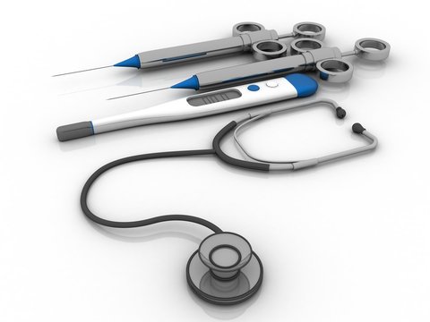 3d rendering Electrical thermometer with Syringe stethoscope