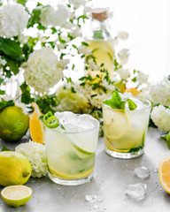 Summer composition. The table is strewn with garden flowers. Hydrangeas, jasmine, daisies in the morning sun. Fresh citrus lemonade is poured into glasses. Ice is scattered on the table. it melts, cre