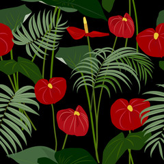 Vector tropical jungle seamless pattern with palm trees leaves and flowers anthurium