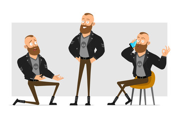 Cartoon flat funny strong bearded punk hooligan with mohawk in leather jacket. Ready for animation. Boy standing on knee, smiling and talking on phone. Isolated on gray background. Vector icon set.