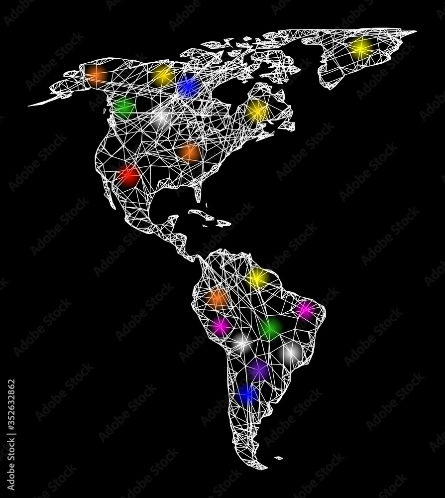 Poster web mesh vector map of south and north america with glow effect on a black background. abstract line