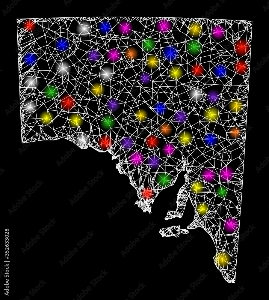 Poster web mesh vector map of south australia with glare effect on a black background. abstract lines, ligh