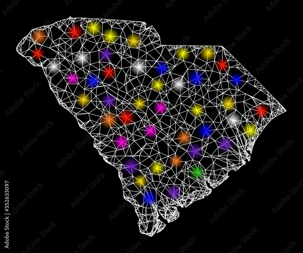 Poster web mesh vector map of south carolina state with flare effect on a black background. abstract lines,