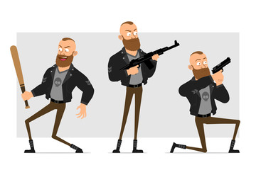 Cartoon flat strong bearded punk hooligan with mohawk in leather jacket. Ready for animation. Boy holding baseball bat, shooting with pistol and rifle. Isolated on gray background. Vector icon set.