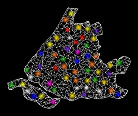 Web mesh vector map of South Holland with glitter effect on a black background. Abstract lines, light spots and spheric points form map of South Holland constellation.