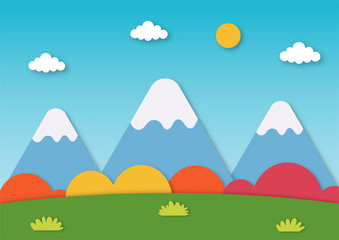 field landscape with mountain paper art style. vector Illustration.