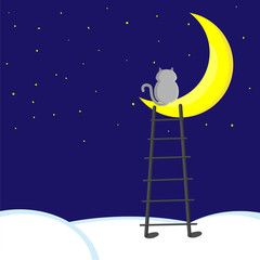 Cartoon cat seating on half moon on midnight. Cat dreaming and thinking about everything. Stars on sky and stair on clouds