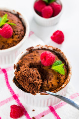 Mug Chocolate Cake. Instant Chocolate Cake in Portion Bowl. Selective focus.