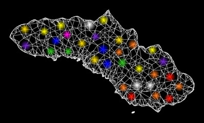 Web mesh vector map of Sumba Island with flare effect on a black background. Abstract lines, light spots and spheric points form map of Sumba Island constellation.