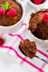 Mug Chocolate Cake. Instant Chocolate Cake in Portion Bowl. Selective focus.