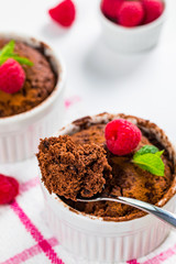 Mug Chocolate Cake. Instant Chocolate Cake in Portion Bowl. Selective focus.