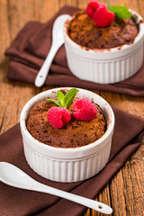 Mug Chocolate Cake. Instant Chocolate Cake in Portion Bowl. Selective focus.