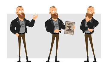 Cartoon flat funny strong bearded punk hooligan with mohawk in leather jacket. Ready for animation. Boy holding wanted sign and showing okay gesture. Isolated on gray background. Vector icon set.