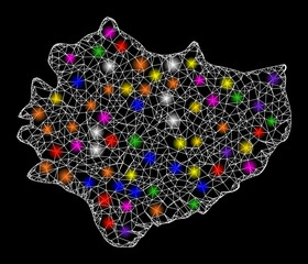 Web mesh vector map of Swietokrzyskie Province with glare effect on a black background. Abstract lines, light spots and dots form map of Swietokrzyskie Province constellation.