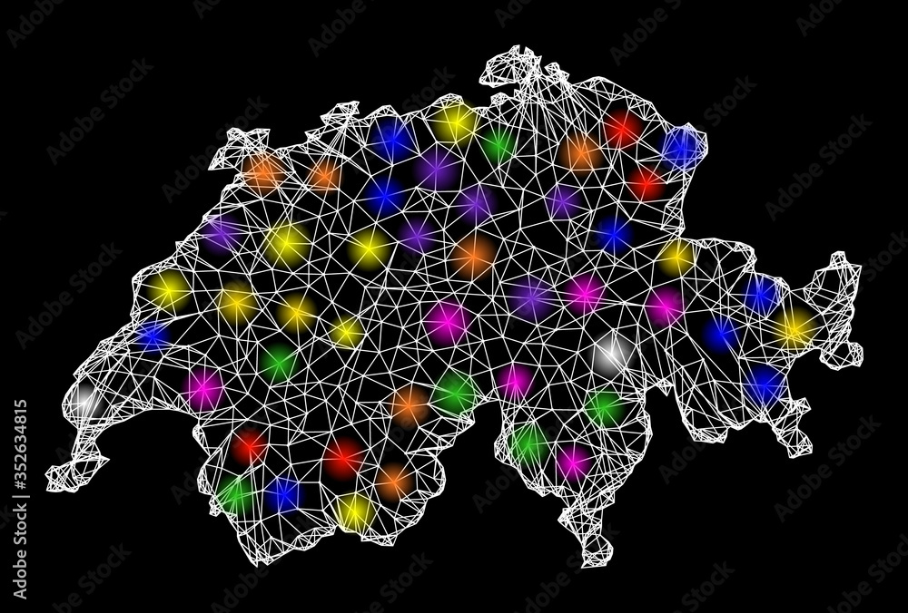 Poster web mesh vector map of switzerland with glow effect on a black background. abstract lines, light spo