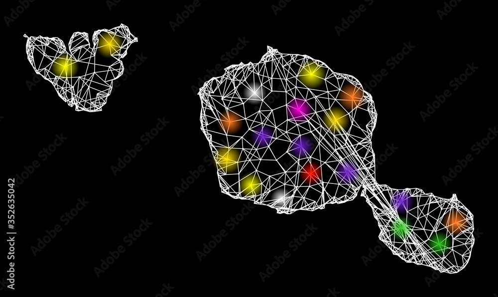 Poster web mesh vector map of tahiti and moorea islands with flare effect on a black background. abstract l