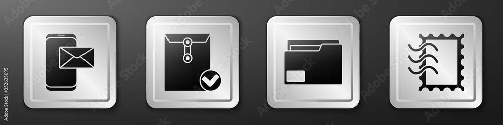 Aufkleber set mobile and envelope, envelope and check mark, document folder and postal stamp icon. silver squa