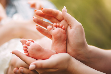 baby feet in hands, baby and mom, maternity concept