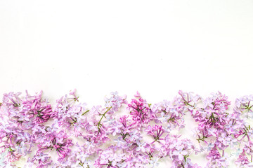 Flowers composition. lilac flowers on white background. Spring concept. Flat lay, top view copy space.