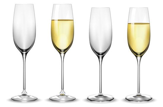 Full and empty white champagne glasses. Vector
