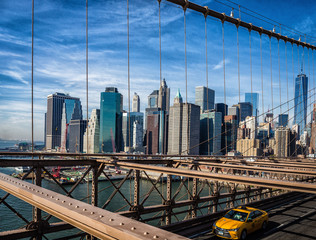 Aerial Lower Manhattan skyscrapers building from Brooklyn bridge in New York City, New York State NY, USA