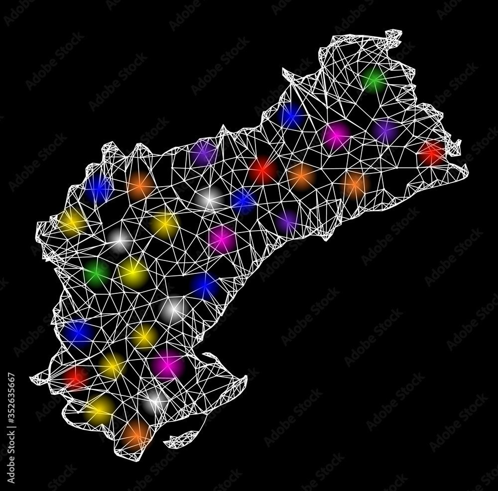 Poster web mesh vector map of tarragona province with glare effect on a black background. abstract lines, l