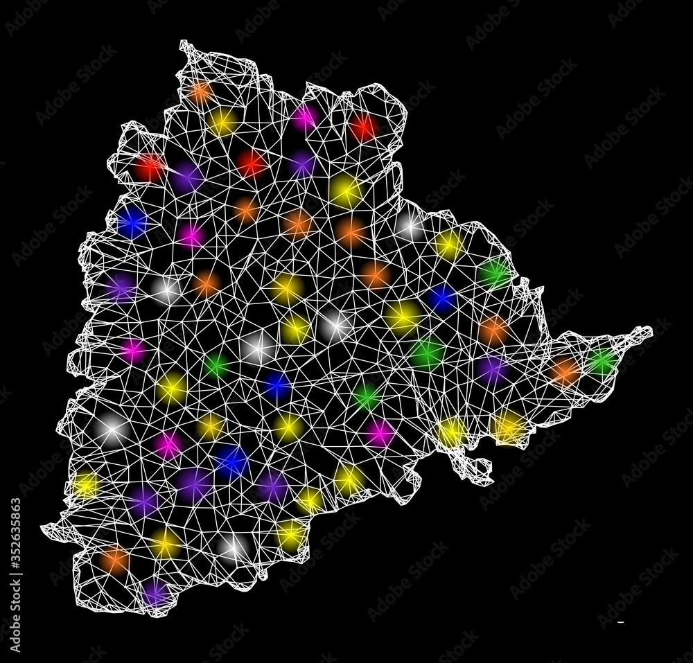 Poster web mesh vector map of telangana state with glare effect on a black background. abstract lines, ligh