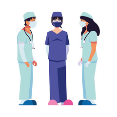 female and male doctors with uniforms and masks vector design