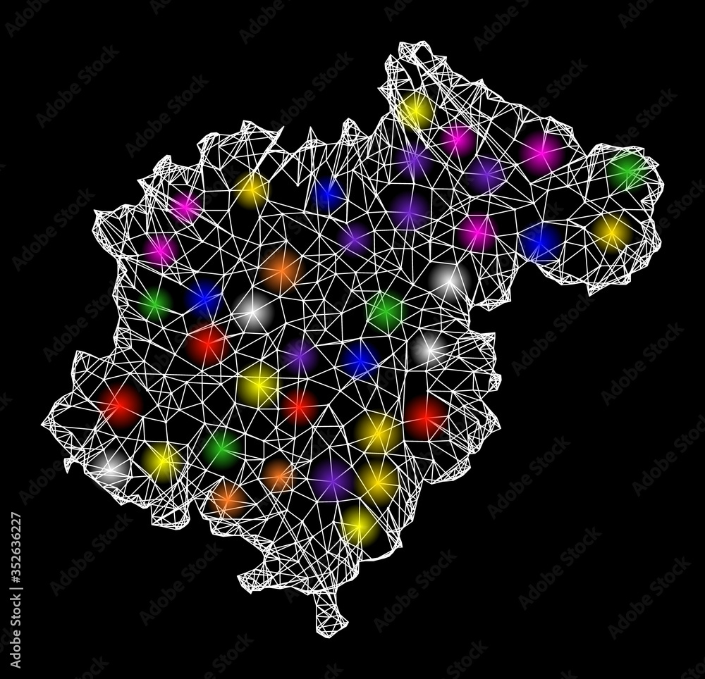 Poster web mesh vector map of teruel province with glitter effect on a black background. abstract lines, li