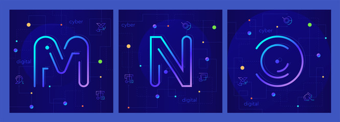 Set of three creative cyber letters M, N, O on stylish digital background. Techno modern linear alphabet