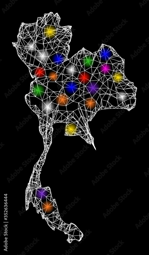 Poster web mesh vector map of thailand with flare effect on a black background. abstract lines, light spots