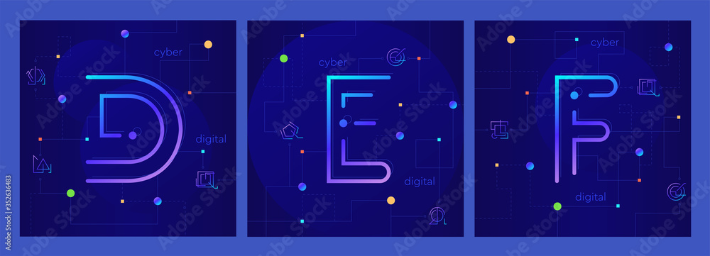 Poster set of three creative cyber letters d, e, f on stylish digital background. techno modern linear alph